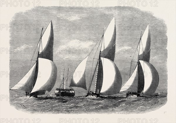 ROYAL LONDON YACHT CLUB CUTTER MATCH: THE NIOBE, SPHINX, AND VINDEX OFF COALHOUSE POINT, 1866