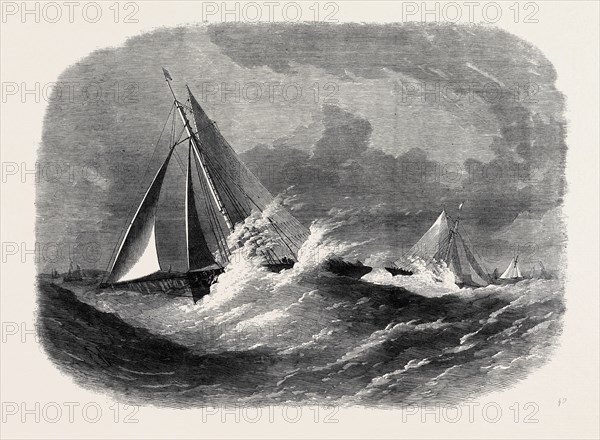FIRST CLASS CUTTER MATCH OF THE ROYAL THAMES YACHT CLUB: THE VINDEX AND CHRISTABEL IN SEA REACH, 1866