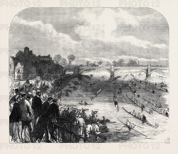 OPENING OF THE METROPOLITAN BOATING SEASON ON SATURDAY LAST: THE PROCESSION OF BOATS AT BARNES, UK, 1866