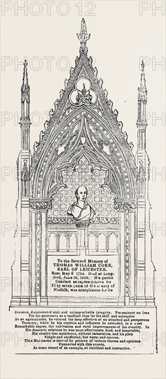 MONUMENT TO THE EARL OF LEICESTER IN LONGFORD CHURCH, DERBYSHIRE, From the centre springs an octangular pedestal, flanked by paneling with foliated heads. A beautiful marble bust of the late Earl, from the studio of Mr. Francis, of London, is fixed upon the pedestal, and the whole of the back of the niche, above the slab and paneling, is diapered. The extreme width of the monument is 8 feet 9 inches, and its height from the floor about 20 feet.