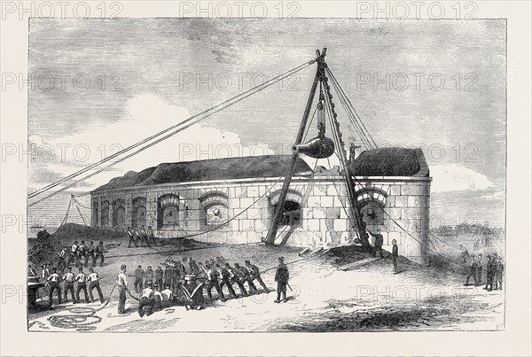 RAISING A GUN AT THE GILKICKER BATTERY, PORTSMOUTH, 1871
