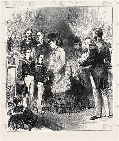 PRINCESS LOUISE GIVING THE PRIZES IN THE CLYDE TRAINING-SHIP CUMBERLAND, 1871