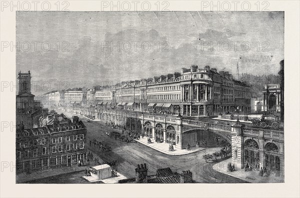 VIEW OF THE PROPOSED HIGH LEVEL ROAD OR VIADUCT FROM ST. SEPULCHRE'S CHURCH TO HATTON GARDEN, LOOKING WEST, BY F. MARRABLE, IN THE EXHIBITION OF THE ROYAL ACADEMY, LONDON