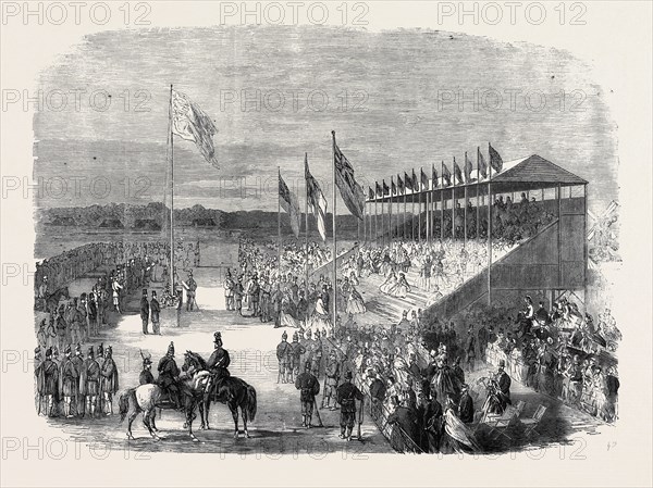PRESENTATION OF THE PRIZES BY THE DUKE OF CAMBRIDGE IN FRONT OF THE GRAND STAND, THE NATIONAL RIFLE ASSOCIATION MEETING ON WIMBLEDON COMMON, JULY 20, 1861