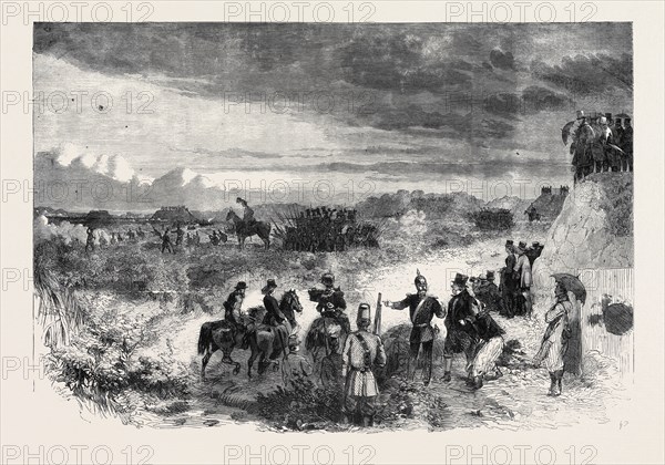 THE REVIEW ON SATURDAY LAST AT WIMBLEDON COMMON: SKIRMISHERS FORMING SQUARES TO RESIST CAVALRY, THE NATIONAL RIFLE ASSOCIATION MEETING ON WIMBLEDON COMMON, JULY 20, 1861