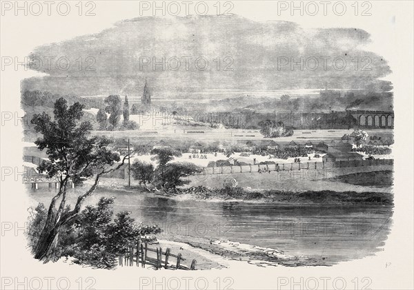 MEETING OF THE ROYAL AGRICULTURAL SOCIETY AT LEEDS, THE CATTLE AND IMPLEMENT SHEDS AS SEEN FROM ARMLEY HILLSIDE, JULY 20, 1861