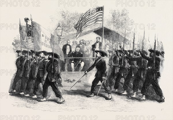 REVIEW OF FEDERAL TROOPS ON THE 4TH OF JULY BY PRESIDENT LINCOLN AND GENERAL SCOTT: THE GARIBALDI GUARD FILING PAST