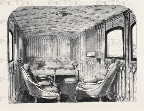 SALOON OF HER MAJESTY'S CARRIAGE ON THE LONDON AND NORTH-WESTERN RAILWAY.