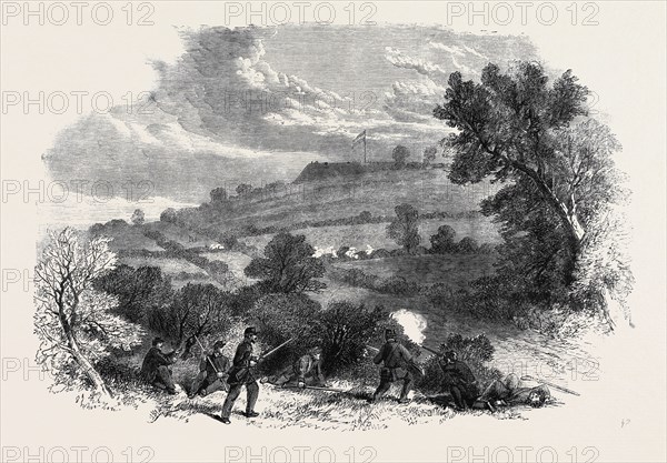 THE CIVIL WAR IN AMERICA: MUNSON'S HILL. WITH THE EARTHWORK THROWN UP BY THE CONFEDERATES IN FRONT OF THE UNION LINES, VIRGINIA