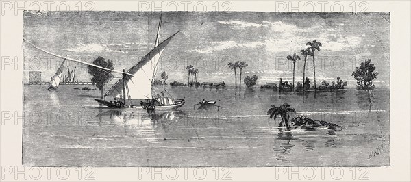 VIEW BELOW KAFR ZAYAT, SHOWING THE RAILWAY BRIDGE, AND TRAIN OFF THE LINE, INUNDATION OF THE NILE