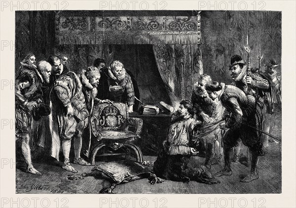 THE GUNPOWDER PLOT: GUY FAWKES BEING INTERROGATED BY JAMES I AND HIS COUNCIL IN THE KING'S BEDCHAMBER, WHITEHALL, BY JOHN GILBERT