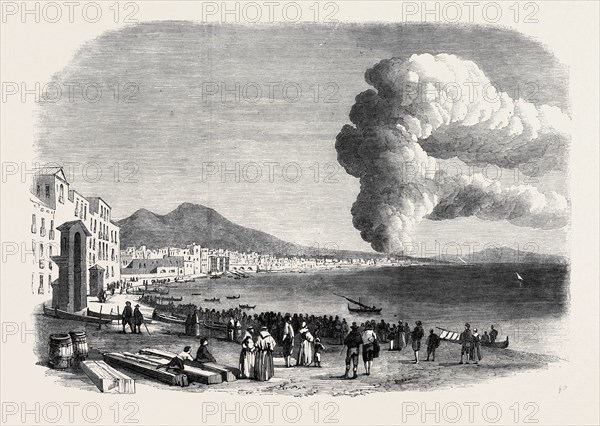 ERUPTION OF MOUNT VESUVIUS NEAR THE FOOT OF THE HILL, BETWEEN RESINA AND TORRE DEL GRECO, AS SEEN FROM THE MARINELLA AT NAPLES, DECEMBER 28, 1861