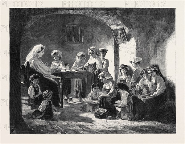 "A GIRLS' SCHOOL IN THE ABRUZZI MOUNTAINS," BY BARFF TUCKER, IN THE LIVERPOOL ACADEMY EXHIBITION