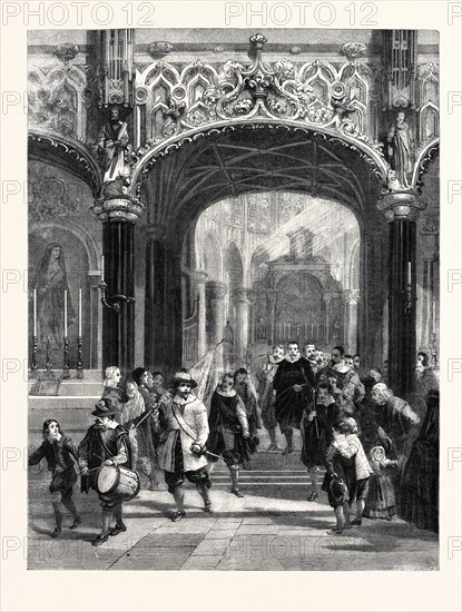 "THE CORPORATION OF ARCHERS LEAVING THE CHURCH OF LIERRE, BELGIUM, AFTER HEARING MASS ON ST. GEORGE'S DAY" BY LOUIS HAGHE