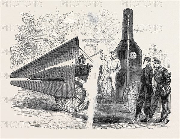 WINAN'S STEAM BATTERY, INVENTED BY DICKINSON, 1861; A STEAM GUN, WHICH, IT IS SAID, WILL CAST FROM 100 TO 500 BALLS PER MINUTE, HAS JUST BEEN MADE BY MR. WINANS, OF BALTIMORE. THIS GUN WAS SEIZED BY COLONEL JONES, OF THE MASSACHUSETTS VOLUNTEERS, WHEN ON ITS WAY FROM BALTIMORE TO THE SECESSIONIST CAMP AT HARPER'S FERRY. AND HAS SINCE BEEN USED IN PROTECTING THE VIADUCT AT THE WASHINGTON JUNCTION ON THE BALTIMORE BRANCH OF THE BALTIMORE AND OHIO RAILROAD.