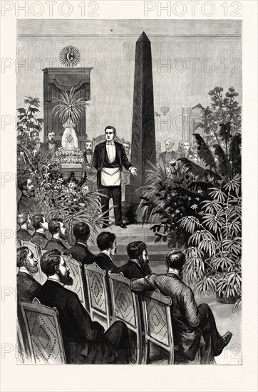 NEW YORK: RECEPTION OF LT.-COM. GORRINGE, U.S.N., BY ANGLO-SAXON LODGE, No. 137, F. AND A. M., BROOKLYN, SEPTEMBER 1st. EXPLAINING THE MASONIC EMBLEMS ON THE EGYPTIAN OBELISK.