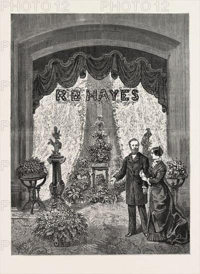 CALIFORNIA: VISIT OF PRESIDENT HAYES AND PARTY TO SAN FRANCISCO, THE FLORAL DECORATIONS OF THE PRESIDENT'S PARLOR IN THE PALACE HOTEL