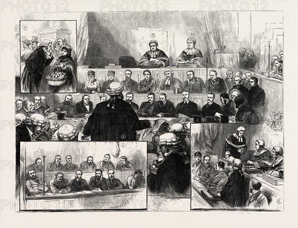 THE IRISH LAND LEAGUE TRIALS AT DUBLIN: 1. The Attorney-General for Ireland stating the case for the Crown. 2. Mr. Justice Fitzgerald. 3. Mr. Justice Barry. 4. A Refresher. 5. The Jury. 6. Lord Chief Justice May withdrawing from the Bench