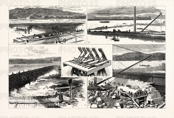 PENNSYLVANIA: THE NEW GOVERNMENT WORK AT DAVIS ISLAND DAM, PITTSBURGH: 1. The Ohio during low water. 2. River and Dam during high water. 3. Working Model of the Dam. 4. The Coffer-dam for the Land Wall. 5. Constructing the Land Wall.