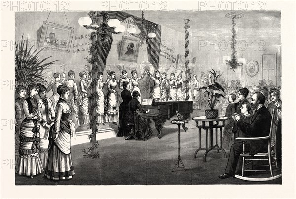 OHIO: FAN DRILL OF THE YOUNG LADIES OF THE LAKE ERIE SEMINARY AT PAINESVILLE, BEFORE PRESIDENT-ELECT GARFIELD, NOVEMBER 18TH
