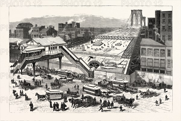 NEW YORK: VIEW OF THE EAST RIVER BRIDGE AND THE APPROACHES, TAKEN FROM THE HALL OF RECORDS, CITY HALL PARK