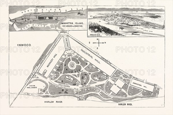 NEW YORK: GROUND PLAN AND ELEVATION OF THE BUILDINGS. AVENUES AND APPROACHES PROPOSED FOR THE WORLD'S FAIR AT INWOOD
