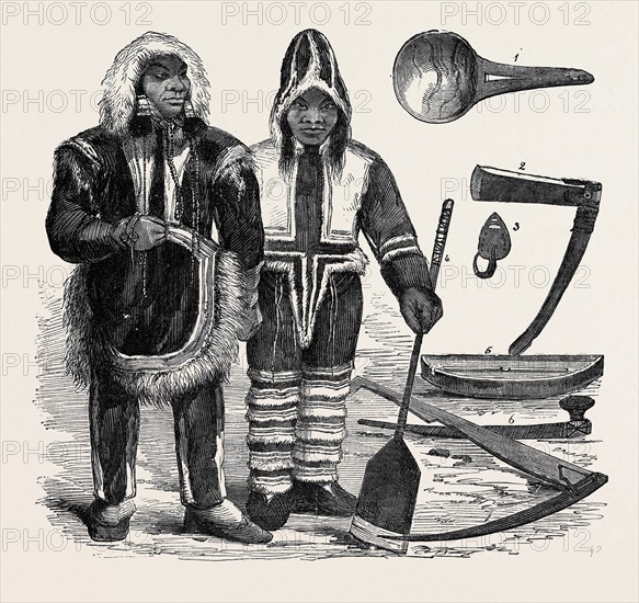 COSTUME OF A NEW TRIBE OF ESQUIMAUX; DISCOVERED BY DR. RAE, ON VICTORIA LAND; AND ARCTIC IMPLEMENTS, FROM MR. BARROW'S COLLECTION, AT THE POLYTECHNIC INSTITUTION; 1. Bowl. 2. Adze. 3. Fishhook. 4. Snow shovel. 5. Lamp. 6. Pipe. 7. Pick-axe.