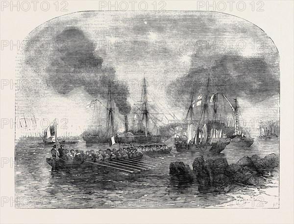 THE BOMBARDMENT OF SVEABORG: FRENCH GUN BOATS GOING TO THE BATTERY WITH SHOT AND SHELL, SKETCHED BY J.W. CARMICHAEL
