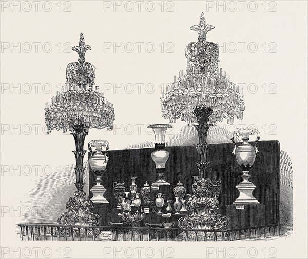 THE PARIS UNIVERSAL EXHIBITION: FRENCH GLASS MANUFACTURES IN THE NAVE STALL OF THE PARIS EXHIBITION.