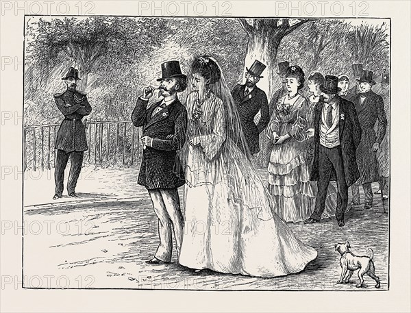 PICTURES OF PARISIAN LIFE: A WEDDING PARTY IN THE BOIS DE BOULOGNE; A FORMIDABLE REVOLUTION is reported from Paris, the abandonment of false hair. This innovation is due to a clique of youthful brides of this year, who, objecting to their heads being used as mere hairdressers' blocks, and desirous to show their natural capillary advantages without over ornament or exaggeration, have begun a crusade against falsities, and wear their own hair in as simple a fashion as possible. Maried ladies of long standing, jealous of the success thus attained by their younger sisters, are fast following suit, and we may hopefully look forward to the time when the present unsightly edifices of false hair shall be replaced by natural shapely heads.