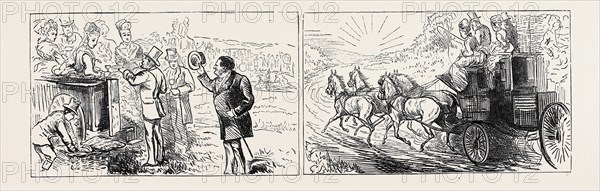 LEFT: THE OLD BORE WHO ALWAYS APPEARS AT LUNCHEON TIME, RIGHT: HOME ON COUSIN TOM'S COACH; GOODWOOD RACES, A LADIES' DAY, AUGUST 8, 1874