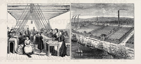 BARROW-IN-FURNESS: ITS HISTORY AND ITS INDUSTRIES, MEETING OF THE IRON AND STEEL INSTITUTE: LEFT IMAGE: THE JUTE WORKS, INTERIOR: THE SEWING MACHINE, RIGHT IMAGE: THE JUTE WORKS, EXTERIOR, SEPTEMBER 12, 1874, UK