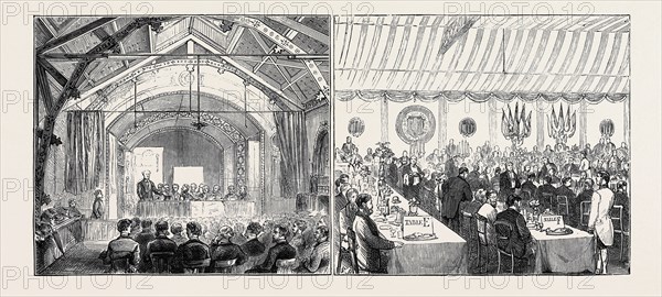 BARROW-IN-FURNESS: ITS HISTORY AND ITS INDUSTRIES, MEETING OF THE IRON AND STEEL INSTITUTE: LEFT IMAGE: MEETING OF THE IRON AND STEEL INSTITUTE IN THE TOWN HALL, RIGHT IMAGE: THE BANQUET, SEPTEMBER 12, 1874, UK