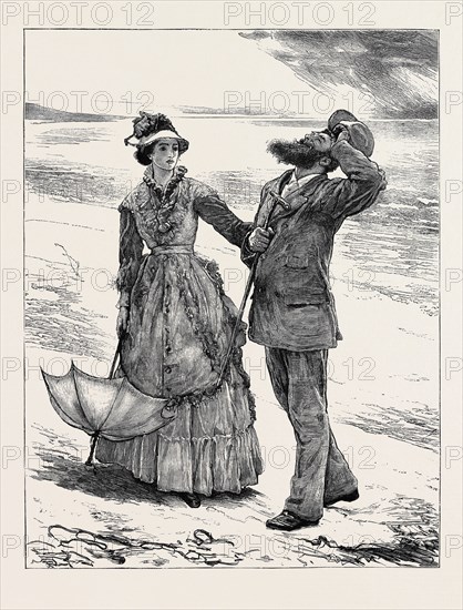 IMAGE ACCOMPANYING "THE LAW AND THE LADY: A Novel" BY WILKIE COLLINS, CHAPTER IV, ON THE WAY HOME, "Instead of answering he burst into a fit of laughter, loud, course, hard laughter, so utterly unlike any sound I had ever yet heard issue from his lips, so strangely and shockingly foreign to his character as I understood it, that I stood still on the sands, and openly remonstrated with him."