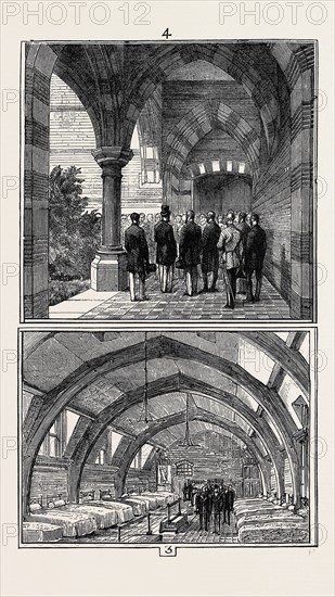 OPENING OF THE SEAMAN'S ORPHANAGE, LIVERPOOL, BY H.R.H. THE DUKE OF EDINBURGH: 3. The Visit to the Dormitory. 4. The Procession passing through the Entrance Hall., October 10, 1874