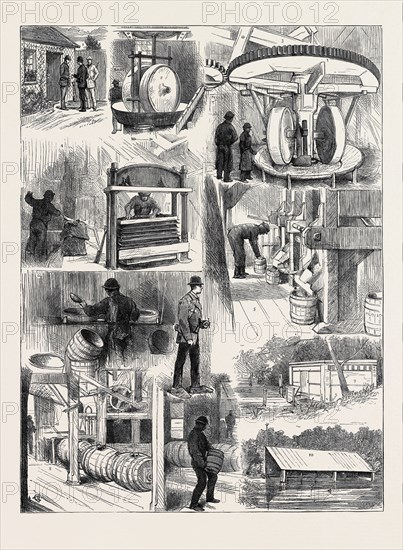 THE MANUFACTURE AND STORAGE OF GUNPOWDER: 1. Giving up our Matches at Entrance. 2. Sulphur Grinding. 3. Incorporating Mills. 4. Hydraulic Press. 5 and 6. Corning House. 7. Shod for the Occasion. 8. GlazingHouse. 9. Charge House. 10. Expense Magazine.