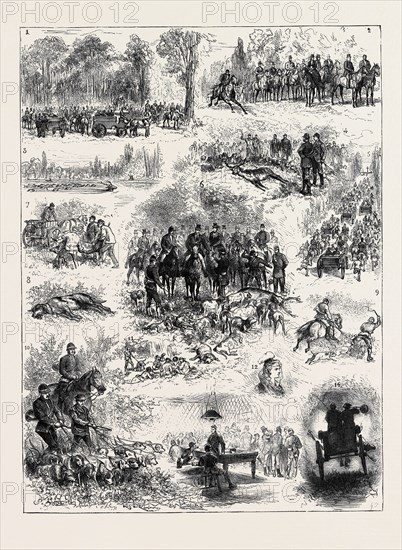 VISIT OF THE PRINCE OF WALES TO FRANCE, THE STAG HUNT AT CHANTILLY; 1. The Rendezvous. 2. The Hunt. 3. The Stag in the Water. 4. The Death. 5. Going to see the Stag. 6. Presenting the Hoof of Honour to the Prince of Wales. 7. Carrying the Dead Stag. 8. A Victim left on the Field of Honour. 9. Huntsman and Dogs. 10. Beaters and Dogs. 11. Some who do not Hunt. 12. A Guest. 13. Hotel de Cygne, Rendezvous of the Servants. 14. Bringing Home the Stag.