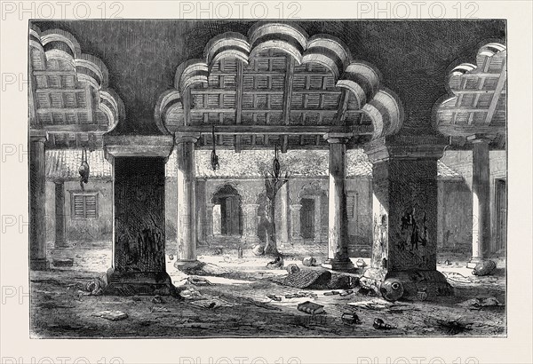 THE REPORTED CAPTURE OF NANA SAHIB, VIEW OF THE COURT AT CAWNPORE WHERE THE MASSACRE TOOK PLACE, FROM A SKETCH TAKEN AT THE TIME OF SIR HENRY HAVELOCK'S ENTRY INTO CAWNPORE, 1857