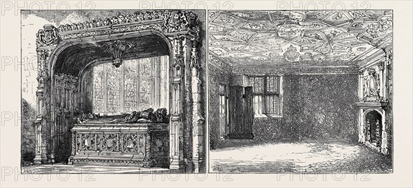 BUILDINGS AND INDUSTRIES OF SHEFFIELD: LEFT IMAGE: THE SHREWSBURY MONUMENT IN THE PARISH CHURCH, RIGHT IMAGE: ROOM IN SHEFFIELD MANOR, SAID TO HAVE BEEN THE PRISON OF MARY QUEEN OF SCOTS