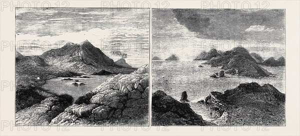 SKETCHES IN THE LIPARI ISLANDS: LEFT IMAGE: VULCANELLO (EXTINCT CRATER), WITH STROMBOLI IN THE DISTANCE, RIGHT IMAGE: BIRD'S-EYE VIEW OF THE ISLANDS, AS SEEN FROM VULCANO