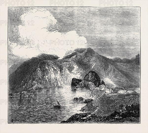 SKETCHES IN THE LIPARI ISLANDS: VIEW OF GREAT CRATER, VULCANO, FROM THE SEA, WITH RESIDENCE AND WORKS