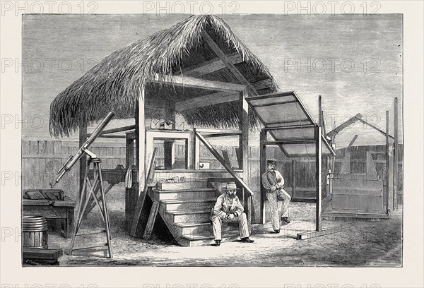 THE FORTHCOMING TRANSIT OF VENUS: SHED AT HONOLULU FROM WHICH THE MODEL OF VENUS IS OBSERVED, AND ONE OF THE PORTABLE TRANSIT INSTRUMENTS