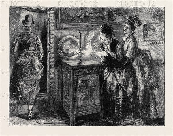 IMAGE ACCOMPANYING "THE LAW AND THE LADY: A Novel" BY WILKIE COLLINS, CHAPTER XXII, THE MAJOR MAKES DIFFICULTIES; "She opened an invisible side-door in the wall, masked by one of the pictures - disappeared through it, like a ghost - and left us together, alone in the ball. Mrs. Macallan approached the oil lamp, and looked by its light at the sheet of paper which the woman had given to her. I followed, and peeped over her shoulder."
