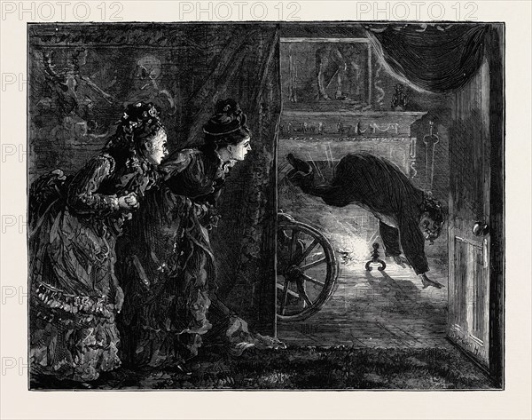IMAGE ACCOMPANYING "THE LAW AND THE LADY: A Novel" BY WILKIE COLLINS, CHAPTER XXIV, MISERRIMUS DEXTER, FIRST VIEW; "The instant she pronounced those last words, "Eustace Macallan's second wife," the man in the chair sprang out of it with a shrill cry of horror, as if she had shot him. For one moment we saw a head and body in the air, absolutely deprived of the lower limbs. The moment after, the terrible creature touched the floor as lightly as a monkey on his hands."