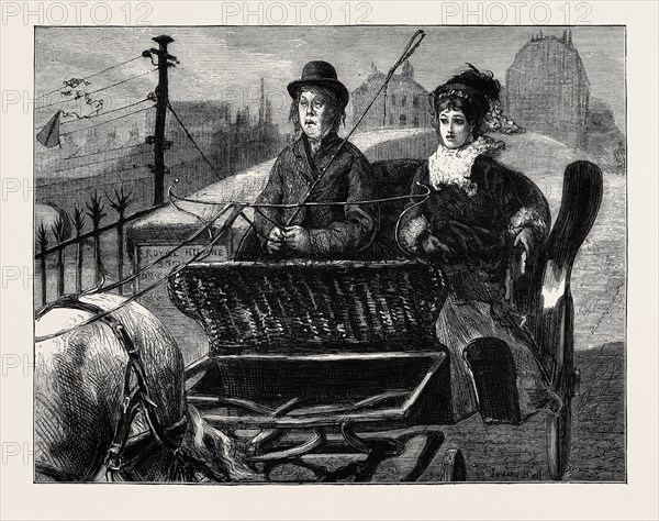 IMAGE ACCOMPANYING "THE LAW AND THE LADY: A Novel" BY WILKIE COLLINS, CHAPTER XXVI, MORE OF MY OBSTINACY; "The strange creature looked back again straight between the pony's ears; emitted hoarsely a grunt of relief; and never more spoke to me, never more looked at me, for the rest of the journey. We drove past the banks of the canal ; and I escaped immersion."