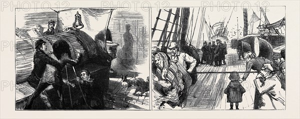 ON BOARD THE "SARMATIAN" DURING THE RECENT VOYAGE OF THE PRINCESS LOUISE ACROSS THE ATLANTIC: PHOTOGRAPHY "NOW: THE PRINCESS IS JUST COMING" (LEFT); LAND HO! A YOUNG EMIGRANT CROSSING THE LINE (RIGHT)
