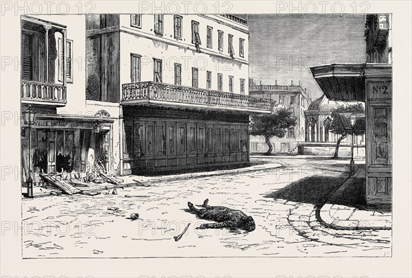 "DESERTED:" CORNER OF THE RUE DES SOEURS, ALEXANDRIA, AFTER THE MASSACRE OF JUNE 11, EGYPT