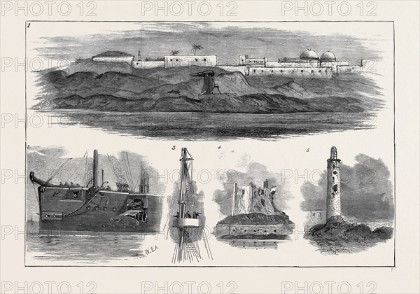 THE WAR IN EGYPT: AFTER THE BOMBARDMENT OF ALEXANDRIA, JULY 11, 1882: 1. Rifled Guns on Moncrieff Carriages in the Fortifications; 2. Damage Sustained by H.M.S. "Superb" During the Action; A. The Place where a Shell Entered; B. Result of the Bursting of the Shell; 3. A Ship's "Top" in Fighting Trim; 4. Tower, Fort Pharos; 5. The Lighthouse, Showing the Damage done by the British Artillery