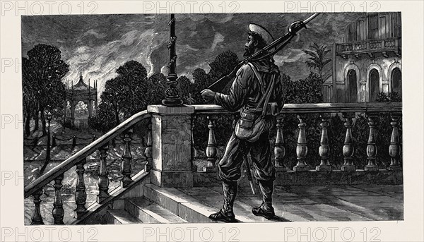 THE WAR IN EGYPT: AFTER THE BURNING OF ALEXANDRIA: "IN POSSESSION", A BLUE-JACKET ON GUARD AT THE TRIBUNAL IN THE GRAND SQUARE