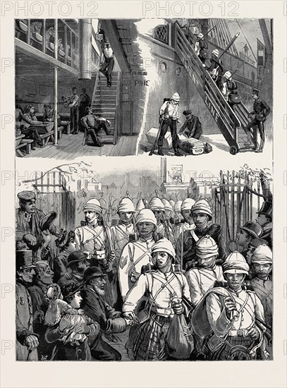 THE WAR IN EGYPT: DEPARTURE OF THE FIRST BATTALION OF THE SCOTS GUARDS: 1. Taking the Regimental Colours on Board the "Orient"; 2. The Soldiers' Quarters on Board the "Orient"; 3. The Start from Wellington Barracks